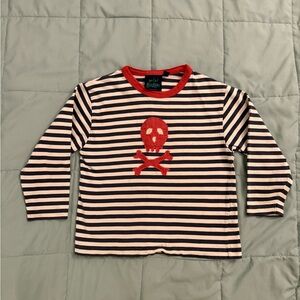 Mini Boden Navy and White Striped Tee with Red Skull Appliqué